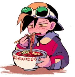 1boy backwards_hat baseball_cap black_shirt bowl character_print chopsticks commentary_request creatures_(company) eating ethan_(pokemon) food game_freak gen_2_pokemon goggles goggles_on_headwear hair_between_eyes hat holding holding_bowl holding_chopsticks jacket long_sleeves looking_down male_focus nintendo noodles ok_ko19 open_mouth pokemon pokemon_adventures ramen shirt solo soup spicy sweat teeth tongue unown upper_teeth_only white_background