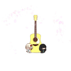 Rule 34 | 2girls, acoustic guitar, black hair, black shirt, blonde hair, cherry blossoms, chibi, chibi only, commentary, falling petals, guitar, hair ribbon, highres, inoue takina, instrument, long hair, lycoris recoil, midori no chiisai no, multiple girls, nishikigi chisato, one side up, petals, real life, red ribbon, ribbon, sayuri (singer), shirt, short hair, simple background, white background, white shirt