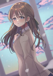 1girl absurdres blue_eyes blurry blurry_background brown_hair cloud collared_shirt colored_inner_hair commentary_request hair_between_eyes hair_ribbon highres jacket lips multicolored_hair original purple_hair ribbon shimatamago shirt solo tears white_shirt