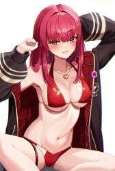 1girl absurdres arms_up bikini breasts earrings grin hair_down heart heart_earrings heart_necklace heterochromia highres hololive houshou_marine houshou_marine_(summer) jewelry large_breasts looking_at_viewer meme_tesshin navel necklace red_bikini red_eyes red_hair sitting smile solo stomach swimsuit thigh_strap thighs virtual_youtuber yellow_eyes
