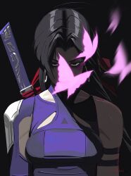 1girl bare_shoulders black_hair breasts bug butter butterfly covering_face food gloves highleg highleg_leotard highres insect large_breasts leotard long_hair looking_at_viewer marvel marvel_rivals neozumi pink_butterfly psylocke psylocke_(vengeance) purple_eyes solo superhero_costume sword weapon x-men