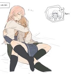 5girls bang_dream! bang_dream!_it&#039;s_mygo!!!!! black_socks blue_shirt blue_skirt borrowed_clothes chihaya_anon closed_eyes commentary cuddling eardoor_1022 green_skirt haneoka_school_uniform hashtag-only_commentary highres hug kaname_raana kneehighs korean_text long_hair long_sleeves mole mole_under_eye multiple_girls mygo!!!!!_(bang_dream!) nagasaki_soyo open_mouth pink_hair pleated_skirt school_uniform shiina_taki shirt skirt socks takamatsu_tomori translation_request tsukinomori_school_uniform white_shirt yuri zzz