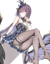 1girl absurdres black_dress black_nails black_pantyhose blue_eyes blush breasts cleavage closed_mouth colored_inner_hair commentary commission crossed_legs dress english_commentary highres honkai_(series) honkai_impact_3rd long_hair medium_breasts multicolored_hair no_shoes official_alternate_costume panties panties_under_pantyhose pantyhose purple_hair scarlet_(wv0102) seele_vollerei seele_vollerei_(eternal_night&#039;s_embrace) seele_vollerei_(herrscher_of_rebirth) simple_background sitting solo two-tone_hair underwear very_long_hair white_background white_panties
