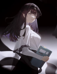 1girl absurdres arknights black_background black_hairband black_skirt book breasts brown_hair commentary_request cowboy_shot diamond-shaped_pupils diamond_(shape) from_side gradient_background grey_eyes hairband highres holding holding_book long_hair long_sleeves looking_at_viewer looking_back parted_lips priestess_(arknights) skirt smile solo standing sweater symbol-shaped_pupils white_sweater yue_zheng_zhi_yu