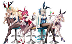 Rule 34 | 4girls, absurdres, alternate costume, animal ears, aqua hair, baobhan sith (fate), bar stool, bare shoulders, barghest (fate), black bow, black bowtie, black fire, black pantyhose, black ribbon, blonde hair, blue bow, blue bowtie, blue leotard, blush, bow, bowtie, breasts, brown pantyhose, bunny day, card, chair, cleavage, collar, colored inner hair, colored tips, covered navel, crossed legs, cup, detached collar, drinking glass, fake animal ears, fate/grand order, fate (series), fire, full body, green eyes, grey eyes, grey hair, halterneck, heterochromia, high heels, highres, holding, holding card, holding cup, large breasts, leotard, long hair, looking at viewer, melusine (fate), mishiro (ixtlolton), morgan le fay (fate), mother and daughter, multicolored hair, multiple girls, nail polish, on chair, one eye closed, open mouth, pantyhose, pink hair, playboy bunny, playing card, pointy ears, ponytail, print thighhighs, rabbit ears, rabbit tail, red leotard, ribbon, shoes, sidelocks, simple background, sitting, small breasts, smile, stool, tail, thighhighs, tongue, tongue out, traditional bowtie, tray, v, very long hair, white background, white hair, white thighhighs, white wrist cuffs, wide sleeves, wine glass, wrist cuffs, yellow eyes