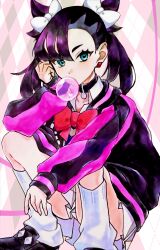 1girl aqua_eyes asymmetrical_bangs black_choker black_hair black_jacket black_shoes bow bowtie chewing_gum choker creatures_(company) earrings feet_out_of_frame game_freak hair_bow highres jacket jewelry looking_at_viewer marnie_(academy)_(pokemon) marnie_(pokemon) miniskirt multicolored_jacket nintendo pokemon pokemon_masters_ex red_bow red_bowtie saku06480514 school_uniform shoes skirt socks solo squatting traditional_media twintails two-tone_jacket undercut white_bow white_skirt white_socks