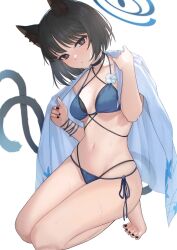 1girl animal_ear_fluff animal_ears arm_ribbon bare_legs barefoot bikini black_choker black_eyes black_hair black_nails blue_archive blue_bikini blue_halo blue_haori blue_ribbon breasts bright_pupils cat_ears cat_girl cat_tail choker closed_mouth collarbone criss-cross_halter deca_purio eyelashes flower flower_bikini full_body gradient_tail hair_between_eyes halo halterneck hands_up haori highres japanese_clothes kikyou_(blue_archive) kikyou_(swimsuit)_(blue_archive) kneeling light_frown looking_at_viewer medium_breasts multi-strapped_bikini_bottom multi-strapped_bikini_top multiple_tails nail_polish navel official_alternate_costume ribbon short_hair side-tie_bikini_bottom simple_background skindentation solo stomach straight_hair swimsuit tail tail_raised thighs tiptoes toenail_polish toenails toes two_tails white_background white_flower white_pupils