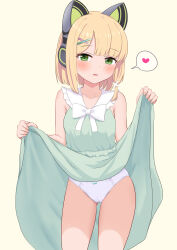 1girl absurdres animal_ear_headphones animal_ears bare_arms bare_shoulders blonde_hair blue_archive blush bow bow_panties breasts brown_background cameltoe clothes_lift commentary_request crotch_seam dress dress_lift fake_animal_ears frilled_sailor_collar frills gluteal_fold green_bow green_dress green_eyes hair_ornament hairclip headphones heart highres lifting_own_clothes loli looking_at_viewer michou midori_(blue_archive) panties parted_lips sailor_collar sailor_dress simple_background sleeveless sleeveless_dress small_breasts smile solo spoken_heart underwear white_bow white_panties white_sailor_collar x_hair_ornament