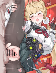 1boy 1girl :o absurdres alice_thymefield animal_ears bar_censor black_skirt blonde_hair blush breasts censored closed_eyes commentary daram_(shappydude) fingerless_gloves gloves hand_on_own_leg hetero highres indoors large_breasts large_variant_set long_hair open_mouth orange_eyes pantyhose penis pleated_skirt revision sex shirt skirt split standing standing_on_one_leg standing_sex standing_split sweat teeth torn_clothes torn_pantyhose upper_teeth_only vaginal variant_set white_shirt zenless_zone_zero