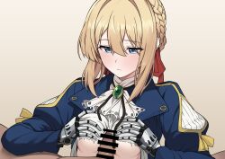 0haribo0 1boy 1girl absurdres ascot bar_censor bilingual_commentary blonde_hair blue_eyes blush braid breasts brown_background censored closed_mouth clothed_female_nude_male commentary_request gauntlets gradient_background hair_between_eyes hetero highres long_sleeves medium_breasts mixed-language_commentary nude paizuri penis shirt short_hair sidelocks solo_focus torn_clothes torn_shirt violet_evergarden violet_evergarden_(series) white_ascot white_shirt