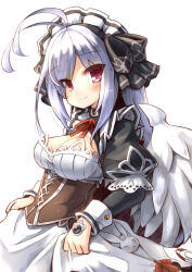 1girl ahoge black_dress dress emil_chronicle_online frills from_side highres kareya long_hair maid maid_headdress mitama_kyrie red_eyes skirt smile white_hair white_wings wings wringing_clothes wringing_skirt