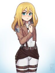 Rule 34 | 1girl, absurdres, aqua eyes, artist logo, artist name, belt, belt buckle, blonde hair, blue background, blush, brown jacket, buckle, chest harness, clenched hand, commentary, cowboy shot, frown, gradient background, hair between eyes, hand on own chest, harness, highres, jacket, krista lenz, logo, long hair, long sleeves, looking at viewer, pants, shingeki no kyojin, shirt, simple background, solo, thigh strap, watcher hollow, white background, white pants, white shirt