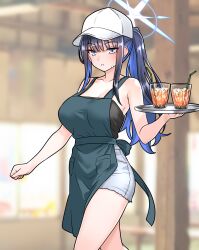 1girl absurdres apron baseball_cap black_camisole black_hair blue_archive blue_eyes blue_hair blurry blurry_background breasts camisole cleavage collarbone commentary_request cup drinking_glass drinking_straw furaggu_(frag_0416) green_apron grey_shorts halo hat highres holding holding_tray ice ice_cube indoors large_breasts long_hair looking_at_viewer multicolored_hair official_alternate_costume ponytail saori_(blue_archive) saori_(swimsuit)_(blue_archive) shorts sidelocks solo tea thighs tray two-tone_hair variant_set walking white_hat