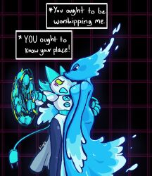 2girls animal_ears cable cable_tail cat_ears cat_girl clenched_hand colored_sclera commentary deltarune english_commentary english_text freaky_frohicky furry furry_female green_sclera half-closed_eyes highres holding mechanical_tail miss_mizzle monster_girl multiple_girls slime_girl spinning_weapon tail tasque_manager water