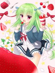1girl :d absurdres animal bad_id bad_pixiv_id blue_bow blue_jacket blue_skirt blunt_bangs blush bow butterfly_hair_ornament cherry collared_shirt commentary_request female_focus flower food fruit green_hair hair_bow hair_ornament hakuto_momiji head_tilt highres holding jacket jam jar long_hair long_sleeves looking_at_viewer low-tied_long_hair murasame_(senren) open_clothes open_jacket open_mouth parfait petals pink_background purple_eyes red_bow red_ribbon ribbon school_uniform senren_banka shirt skirt smile solo spoon star_(symbol) strawberry strawberry_parfait striped_bow two_side_up very_long_hair white_bow white_flower white_shirt