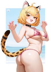 1girl ahoge animal_ear_fluff animal_ear_piercing animal_ears armpit_crease ass bare_arms bare_shoulders belt_collar bikini blonde_hair blush border breasts cat_ears cat_girl cat_tail collar commentary commission cowboy_shot english_commentary fang fingernails hair_intakes hair_ornament hairpin highres indie_virtual_youtuber kirana_yonome large_breasts leopard_print_bikini looking_at_viewer margay mole mole_under_eye navel open_mouth outside_border paw_pose piercing pink_bikini pink_nails regiana_(jubi) second-party_source short_hair sideboob signature skin_fang smile solo stomach swimsuit tail thighs tongue tongue_piercing twisted_torso underboob virtual_youtuber white_border x_hair_ornament yellow_eyes