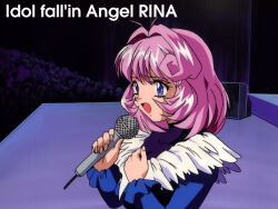1990s_(style) 1girl blue_eyes blush cool_devices mon-mon non-web_source open_mouth pink_hair retro_artstyle rina_(cool_devices) short_hair solo