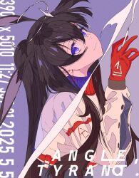 Rule 34 | 1girl, absurdres, alternate costume, amiya (arknights), animal ears, arknights, blue background, blue eyes, brown hair, chinese commentary, cigarette, collared jacket, commentary request, cropped jacket, cross, cross earrings, earrings, english text, from side, gloves, hair between eyes, hand up, highres, holding, holding cigarette, jacket, jewelry, light smile, ligne claire, long hair, long sleeves, looking at viewer, mixed-language commentary, ponytail, purple background, rabbit ears, red gloves, sidelocks, sideways glance, smoke, smoke trail, smoking, solo, split theme, sxxr7352, upper body, white jacket
