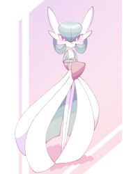 blush bob_cut colored_skin crossed_arms dress gardevoir gen_3_pokemon green_hair green_skin multicolored_skin narumiya_pkmn nintendo pink_background pink_eyes pokemon pokemon_(creature) pout signature simple_background two-tone_skin white_dress white_skin