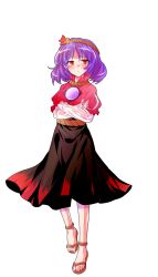 1girl alphes_(style) anklet breasts brown_sandals closed_mouth commentary_request crossed_arms crying crying_with_eyes_open dairi frilled_sleeves frills full_body hair_ornament highres jewelry large_variant_set layered_sleeves long_sleeves looking_at_viewer medium_breasts medium_hair mirror parody purple_hair red_eyes rope rope_belt sandals shirt short_over_long_sleeves short_sleeves skirt smile solo style_parody tachi-e tears touhou transparent_background variant_set yasaka_kanako