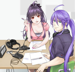 1boy 1girl :d ahoge alternate_costume back bad_id bad_pixiv_id bow breasts cable casual chair cleavage clock closed_mouth collared_shirt genderswap genderswap_(mtf) hair_between_eyes hair_bow hair_tie headphones headphones_around_neck headphones_removed holding holding_pen kamui_gakupo long_hair looking_at_viewer looking_back microphone nail_polish ohse on_chair open_mouth pen pink_nails ponytail purple_hair purple_nails red_eyes shirt short_sleeves sidelocks sitting smile table time very_long_hair vocaloid white_background