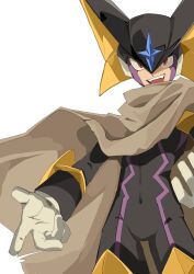 1boy bass.exe_(mega_man) black_bodysuit black_helmet bodysuit brown_cloak cloak cowboy_shot facial_mark fins grey_background head_fins helmet highres magainu male_focus mega_man_(series) mega_man_battle_network_(series) open_mouth red_eyes simple_background solo