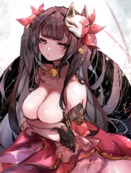 1girl absurdres bell black_gloves breasts brown_hair choker fox_mask gloves highres honkai:_star_rail honkai_(series) large_breasts long_hair looking_at_viewer mask neck_bell purple_eyes solo sparkle_(honkai:_star_rail) topless_female yaki_ringo1