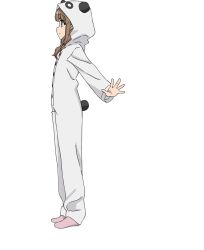 Rule 34 | 1girl, animal costume, animal ears, animal hood, anime coloring, azusagawa kaede, black tail, breasts, brown eyes, brown hair, closed mouth, fake animal ears, fake tail, from side, full body, hood, hooded pajamas, hoodie, long hair, long sleeves, low-tied sidelocks, official art, open hand, pajamas, palms, panda costume, panda ears, panda tail, pink socks, profile, seishun buta yarou, sidelocks, simple background, smile, socks, solo, spread fingers, standing, tail, tamura satomi, tareme, transparent background, white pajamas