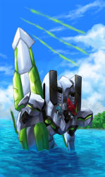 10s 1boy bad_id bad_pixiv_id bird board cloud day eureka_seven_(series) eureka_seven_ao fukai_ao highres holding kacyu mecha mecha_focus nirvash nirvash_neo ocean outdoors robot sitting sky submerged tree water
