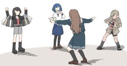 4girls akni alcohol bag bang_dream! bang_dream!_it&#039;s_mygo!!!!! beer black_boots black_choker black_hair black_jacket black_pantyhose blue_hair blue_shirt blue_skirt bocchi_the_rock! boots brown_coat brown_hair brown_shoes choker coat commentary crossover girls_band_cry grey_skirt grey_socks hair_ornament hairclip instrument_connection jacket jurassic_park kneehighs long_hair long_sleeves medium_hair meme multiple_girls nagasaki_soyo pantyhose prattkeeping_(meme) red_shirt rupa_(girls_band_cry) school_uniform shirt shoes shopping_bag short_hair skirt socks tsukinomori_school_uniform white_shirt yahata_umiri yamada_ryo