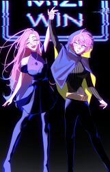 2girls alien_stage arm_up black_cloak black_dress black_pants black_pantyhose black_shirt blue_hair celiese111 cloak closed_eyes clothing_cutout commentary dress dual_persona english_commentary english_text highres holding_another&#039;s_wrist hood hood_up hooded_cloak long_hair long_sleeves mizi_(alien_stage) multicolored_hair multiple_girls open_mouth pants pantyhose ribbed_shirt shirt short_hair short_sleeves shoulder_cutout smile two-tone_hair very_long_hair yellow_eyes