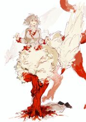 Rule 34 | 1girl, blonde hair, blood, blood on body, blood on chest, body fur, centauroid, chimera, death, dungeon meshi, falin touden, falin touden (chimera), feathered wings, feathers, fingernails, highres, looking at viewer, monster girl, open mouth, red scales, sharp fingernails, short hair, simple background, stomping, talons, taur, white feathers, wings, xaki (chanxaki), yellow eyes