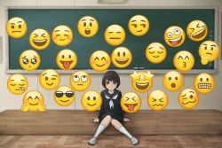 Rule 34 | &gt; &lt;, + +, 1girl, :d, :o, ^ ^, basketweave, black eyes, black hair, black serafuku, blush, board eraser, chalkboard, classroom, closed eyes, commentary, emoji, emoticon, english commentary, facing viewer, full body, indoors, kneehighs, knees together feet apart, laughing, looking at viewer, open mouth, original, pleading face emoji, school uniform, serafuku, shoes, short hair, sitting, smile, socks, sunglasses, thinking emoji, tongue, tongue out, uwabaki, white socks, wooden floor, yajirushi (chanoma)