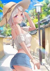 1girl alternate_costume ass_peek bandeau bare_shoulders blue_shorts blue_sky breasts cloud colored_inner_hair commentary_request cowboy_shot day denim denim_shorts detached_sleeves frilled_bandeau frilled_sleeves frills grey_hair grin hat kobassy link!_like!_love_live! looking_at_viewer love_live! micro_shorts midriff multicolored_hair outdoors photo_background pink_eyes red_hair short_hair short_sleeves shorts shoulder_blades sky small_breasts smile solo straw_hat streaked_hair sun_hat virtual_youtuber white_bandeau yugiri_tsuzuri