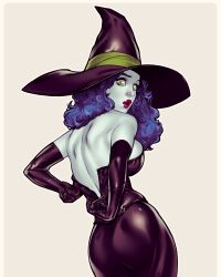 1girl black_dress black_gloves black_hat blue_hair blue_skin colored_skin dress elbow_gloves elias_chatzoudis gloves green_eyes halloween_costume hat highres long_hair looking_at_viewer looking_back original simple_background solo strapless strapless_dress white_background witch_hat zipping