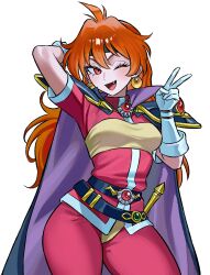 Rule 34 | 1girl, armor, black cape, cape, commentary, commission, english commentary, fang, gloves, highres, lina inverse, long hair, looking at viewer, one eye closed, orange hair, pauldrons, purple cape, red eyes, short sleeves, shoulder armor, simple background, slayers, smile, solo, two-tone cape, v, very long hair, white background, white gloves, zeon (zzeeonn)