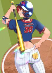 1girl akisu_k ass baseball baseball_bat baseball_glove baseball_helmet baseball_stadium baseball_uniform breasts costume female_focus from_behind gloves grass hands_on_own_hips hat helmet large_breasts looking_at_viewer looking_back outdoors pale_skin pants playing_sports red_eyes red_hair shirt short_sleeves smile smiley_face sportswear standing the_king_of_fighters the_king_of_fighters_all-stars thighs vanessa_(kof)