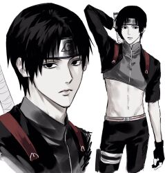 1boy black_gloves black_hair closed_mouth clothing_cutout cropped_legs cropped_shirt cropped_shoulders curtained_hair fingerless_gloves forehead_protector gloves highres konohagakure_symbol lips looking_at_viewer male_focus naruto_(series) naruto_shippuuden navel pants sai_(naruto) short_hair simple_background skinny solo sso_s stomach_cutout white_background