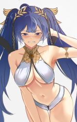 1girl absurdres ahoge alternate_costume armpits bare_shoulders blue_eyes blue_hair blush clenched_teeth clothing_request commentary covered_erect_nipples cowboy_shot den_kun69 english_commentary hair_ornament hand_up head_wreath highres iuno_(wuthering_waves) long_hair looking_at_viewer multicolored_hair navel revealing_clothes solo stomach streaked_hair teeth thigh_gap twintails very_long_hair wuthering_waves