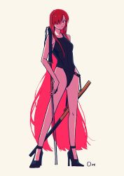 1girl black_one-piece_swimsuit breasts fate/grand_order fate_(series) goma1021 hair_over_one_eye high_heels highres large_breasts long_hair looking_at_viewer oda_nobunaga_(fate) oda_nobunaga_(maou_avenger)_(fate) one-piece_swimsuit red_eyes red_hair solo swimsuit sword very_long_hair weapon