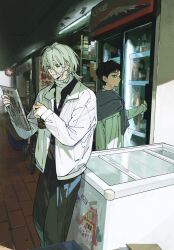 2boys bags_under_eyes black_hair black_jacket book brick_floor can ceiling_light chenpeipeii collared_shirt drink expressionless freezer from_side glass_door_refrigerator grey_eyes grey_jacket grey_pants hair_between_eyes hands_up highres holding holding_book holding_can indoors jacket jacket_on_shoulders leaning_on_object long_bangs long_sleeves looking_at_another looking_at_object male_focus medium_hair mole mole_under_eye mole_under_mouth multiple_boys open_clothes open_jacket original pants parted_lips shirt shop short_hair sideways_glance sleeves_past_wrists slice_of_life standing sweater turtleneck turtleneck_sweater white_eyes white_hair white_jacket white_shirt white_sweater