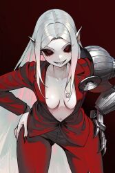 1girl armor asymmetrical_armor black_sclera breasts breasts_apart close-up colored_sclera commentary eyeshadow fingernails forehead formal_clothes gauntlets gemi_ningen gradient_hair grey_hair grin hands_on_own_hips highres jacket leaning_forward legs_apart long_hair makeup medium_breasts multicolored_hair nail_polish navel open_clothes open_jacket original pale_skin pants parted_bangs partially_unbuttoned pauldrons pink_hair pointy_ears red_background red_eyes red_jacket red_nails red_pants red_suit rimworld sharp_fingernails sharp_teeth shoulder_armor simple_background single_gauntlet single_pauldron smile solo standing stomach suit symbol-only_commentary teeth tsurime v-shaped_eyebrows vampire very_long_hair white_background