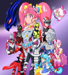 3girls 6+boys ahoge alien animal_ear_fluff animal_ears antennae armor armored_bodysuit assault_visor avengers:_endgame avengers_(series) belt black_armor black_bodysuit black_choker blue_bodysuit blue_gloves blue_hair blue_hat blunt_bangs bodysuit braid buti-yu cape cat_ears choker clenched_hands clock clock_hands closed_eyes clothes_writing clover_earrings color_timer compound_eyes cone_hair_bun cowboy_shot crossover cure_cosmo cure_star cure_yell cut_bangs dorsal_fin double_bun dress earrings elbow_gloves everyone flower fur_trim gauntlets gloves glowing glowing_eyes gradient_background green_armor green_eyes hair_bun hair_flower hair_ornament hair_ribbon hat heart heart_hair_ornament helmet hoop_earrings horns hoshina_hikaru hugtto!_precure jewelry kaitou_sentai_lupinranger_vs._keisatsu_sentai_patranger kamen_rider kamen_rider_01_(series) kamen_rider_dcd kamen_rider_decade kamen_rider_zero-one kamen_rider_zi-o kamen_rider_zi-o_(series) kishiryu_sentai_ryusoulger layered_skirt long_hair looking_to_the_side lupinred magical_girl marvel marvel_cinematic_universe midriff mini_hat mini_top_hat multicolored_bodysuit multicolored_hair multicolored_skirt multiple_boys multiple_crossover multiple_girls navel nono_hana parody parted_lips pink_armor pink_choker pink_dress pink_eyes pink_gloves pink_hair pink_shirt pink_skirt planet_hair_ornament pleated_skirt praying precure rainbow_skirt red_bodysuit red_cape red_eyes red_helmet ribbon rider_belt ridewatch ryusoul_red science_fiction serious shirt shishi_red skirt sleeveless sleeveless_shirt space spacecraft standing star_(symbol) star_choker star_color_pendant star_symbol_background star_twinkle_precure streaked_hair super_sentai thick_eyelashes tilted_headwear tokusatsu top_hat triangle_hair_ornament twin_braids twintails uchuu_sentai_kyuuranger ultra_series ultraman_orb ultraman_orb_(series) ultraman_taiga ultraman_taiga_(series) ultraman_tregear ultraman_zero upper_body very_long_hair white_eyes white_gloves yellow_eyes yuni_(precure)