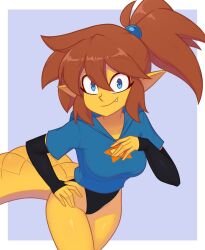 1girl blue_eyes breasts closed_mouth collarbone colored_skin commentary cowboy_shot english_commentary fang highres looking_at_viewer orange_hair original short_sleeves smile solo sunny_(qtip_xd) tail xyronii yellow_skin