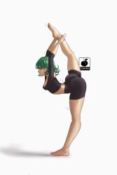 1girl anklet arched_back ass barefoot breasts cleavage female_focus full_body green_eyes green_hair highres jewelry leg_up linkartoon matching_hair/eyes one-punch_man short_hair skin_tight small_breasts solo stretching sweatdrop tatsumaki toes yoga