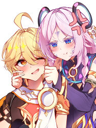 Rule 34 | 1boy, 1girl, absurdres, aether (genshin impact), ahoge, anger vein, blonde hair, blue eyes, blush, braid, brown shirt, cheek pinching, citlali (genshin impact), commentary, commission, detached sleeves, english commentary, genshin impact, highres, midori (midori13579), one eye closed, open mouth, orange eyes, pinching, pink hair, pink pupils, pout, purple shirt, shirt, tattoo, twin braids, wink star