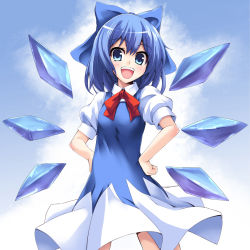 1girl :d asu_hare bad_id bad_pixiv_id blue_eyes blue_hair bow cirno dress female_focus hair_bow hands_on_own_hips highres looking_at_viewer matching_hair/eyes open_mouth short_hair smile solo touhou wings