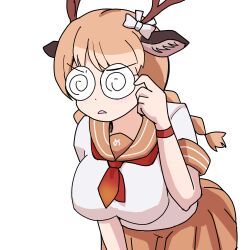 1girl @_@ adjusting_eyewear aki_montrouge animal_ears antlers bow braid brown_hair brown_skirt brown_trim coke-bottle_glasses deer_antlers deer_ears deer_girl glasses hair_bow highres horns japari_symbol kemono_friends leaning_in neckerchief pleated_skirt red_neckerchief sailor_collar school_uniform serafuku shirt short_sleeves sika_deer_(kemono_friends) skirt solo t-shirt twin_braids white_bow white_shirt