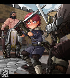 5boys armor armored_boots armored_dress boots castle cloud commentary_request dress fantasy fighting_stance fortress gauntlets highres holding holding_weapon kaminosaki male_focus multiple_boys muscular muscular_male palace ragnarok_online red_eyes red_hair solo_focus sword swordsman_(ragnarok_online) topless_male weapon