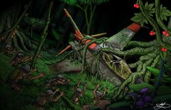 aircraft artist_initials artist_name berry black_hair branch breasts cockpit crack cracked_glass dark-skinned_female dark-skinned_male dark_skin f-16_fighting_falcon grass hands_up hans_(artist) highres jungle moss multiple_boys multiple_girls mushroom nature original rust tree tribal tribal_clothes vegetation wreckage